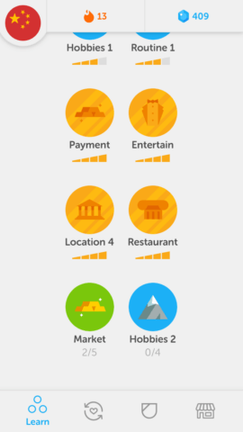 Het startscherm van de Duolingo app