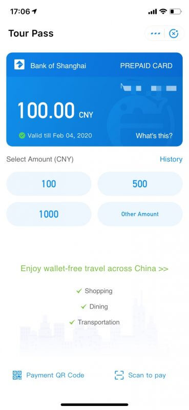 Betalen met Alipay - TourPass na het opwaarderen